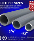 Multiple sizes of Super Flexible Half Inch Non Metallic Liquid Tight Conduit Type B UL Listed 100 Feet, Made In USA shown.