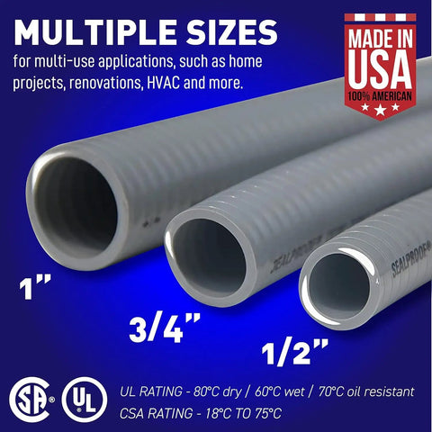 Multiple sizes of Super Flexible Half Inch Non Metallic Liquid Tight Conduit Type B UL Listed 100 Feet, Made In USA shown.