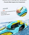 Close-up of Ultra Fast 2.4G RC Boat With Dual Motors And Propellers showing sealed waterproof hull and colorful shell on water.