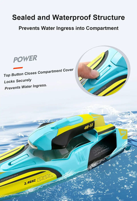 Close-up of Ultra Fast 2.4G RC Boat With Dual Motors And Propellers showing sealed waterproof hull and colorful shell on water.
