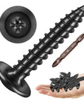 Three Hundred Piece Number Eight By One Inch Truss Head Wood Screws Featuring Self Tapping Zinc Plated Steel And Matte Black Finish, detail of single screw with bit and handful.