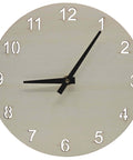 Front view of a 9-inch round unfinished wood clock face with laser-cut numerals and black clock hands.