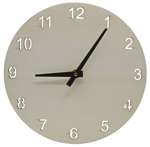 Front view of a 9-inch round unfinished wood clock face with laser-cut numerals and black clock hands.
