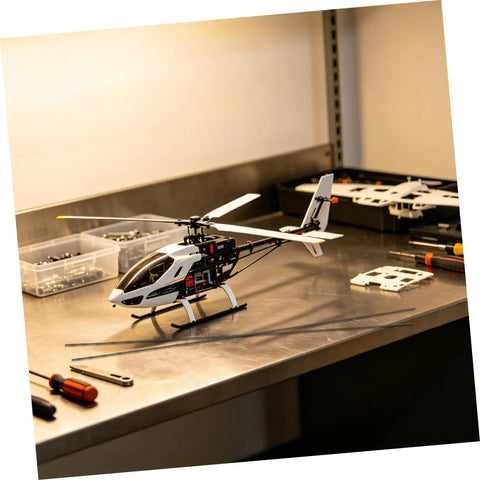 RC plane on workbench with tools, featuring Solid Carbon Fiber Rods For RC Planes 2mm Diameter By 500mm Length Pack Of 10.