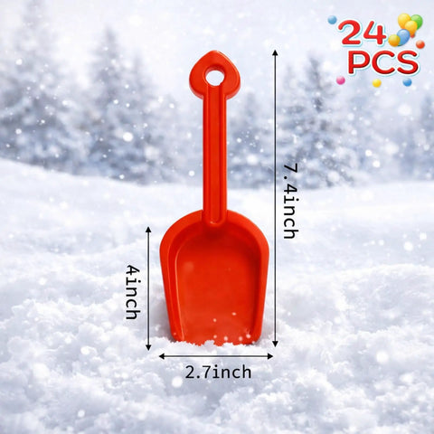 Red shovel from 24 Pack Beach Shovels For Kids And Adults Heavy Duty Plastic Sand Toys Set Great For Sandcastles And Snow Play