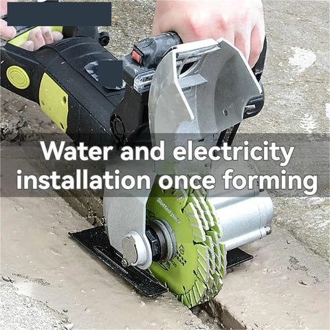 Straight Shooting Heavy Duty Handheld Wall Slotter And Brick Cutting Saw in action cutting a concrete channel for wiring.