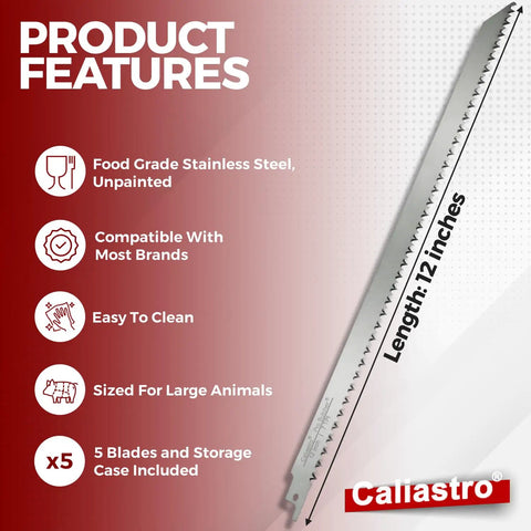 12 Inch Stainless Steel Frozen Meat Bone Cutting Saw Blades For Reciprocating And Sawzall Saws 5 Pack on product feature display