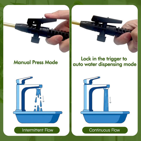 Hands holding nozzle demonstrating manual and automatic modes on Telescoping Indoor Plant Waterer With Pump Sprayer Brass Wand And 180 Degree Adjustable Nozzle For Hanging Baskets And Tall Houseplants Leak Proof Manual Watering Device 0.8 Gallon Easy Reach.
