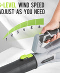 Cordless Leaf Blower 21V With 150 MPH 600 CFM High Performance Airflow, showing 6-level speed adjustment on handle
