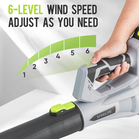 Cordless Leaf Blower 21V With 150 MPH 600 CFM High Performance Airflow, showing 6-level speed adjustment on handle