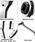 HVAC Air Conditioning Valve Ratchet Wrench Set with Dual Pneumatic Wrenches, sizes 3/16 to 3/8 inch, close-up view