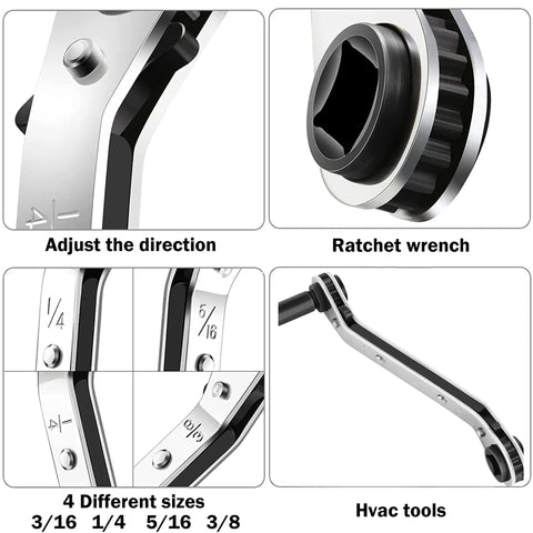 HVAC Air Conditioning Valve Ratchet Wrench Set with Dual Pneumatic Wrenches, sizes 3/16 to 3/8 inch, close-up view