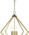 Prism 5 Light Antique Brass Chandelier with Modern Industrial Vibe, Sleek Triangular Frame and Clear Crystal Accents