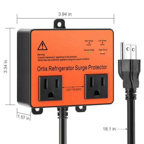 Beefed Up Refrigerator Surge Protector With Double Outlet Voltage Guard And Time Delay For Home Appliances in black, front view.