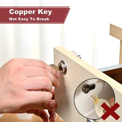 Top Shelf Cabinet Locks With Keys For Desk Drawers And Office Furniture, showcasing copper key installation on a wood drawer.
