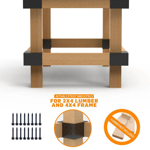 Built Tough Steel Three Way Workbench Bracket Kit With Eight Brackets And 128 Screws For 4x4 And 2x4 Lumber assembly view