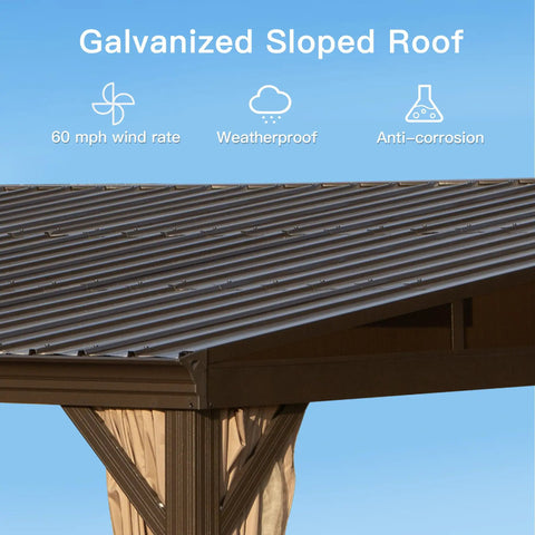 Close-up of galvanized sloping roof of 12x16 Ft Lean To Gazebo With Hardtop Roof For Patio And Backyard, Wall Mounted Outdoor Shelter