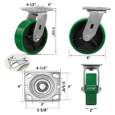 Rock Solid 6 Inch Heavy Duty Caster Wheels Featuring Tough As Nails Polyurethane Tread And Cast Iron Core dimensions and swivel design