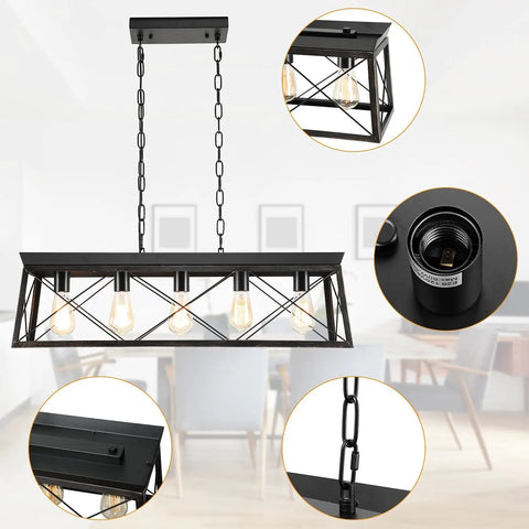 Five Light Dining Room Chandelier In Black And Brush Gold Finish, shown with a linear design over a dining table setup.