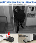 Burglar entering room with 2 Pack Door Stop Alarm for Home and Travel Safety, 120dB Loud Siren, anti-slip wedge shown in diagrams.