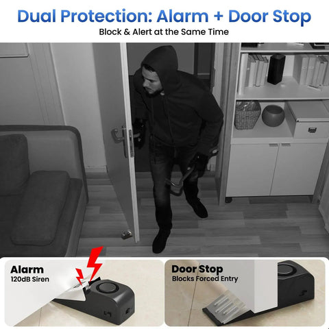 Burglar entering room with 2 Pack Door Stop Alarm for Home and Travel Safety, 120dB Loud Siren, anti-slip wedge shown in diagrams.