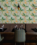 Tropical Botanical Vinyl Wallpaper Featuring Subtle Leather Texture Built Different Heavy Duty Commercial Grade Finish Custom Printed in restaurant setting.
