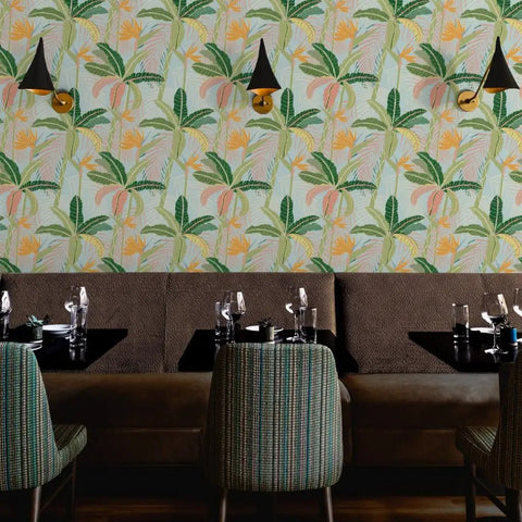Tropical Botanical Vinyl Wallpaper Featuring Subtle Leather Texture Built Different Heavy Duty Commercial Grade Finish Custom Printed in restaurant setting.