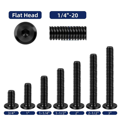 Heavy Duty Flat Head Socket Head Screws With Black Oxide Finish Solid Stainless Steel Furniture Bolts, 1/4-20 size, various lengths