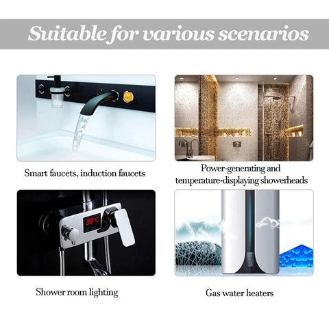 Various bathroom technologies: smart faucets, showerheads, shower lighting, and gas water heaters in modern settings.