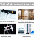 Four images showing applications like smart faucets, temperature showerheads, shower room lighting, and gas water heaters.