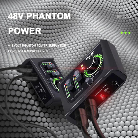 2 Channel USB Audio Interface For Recording Streaming And Podcasting With XLR Mic Preamps And 48V Phantom Power angled view