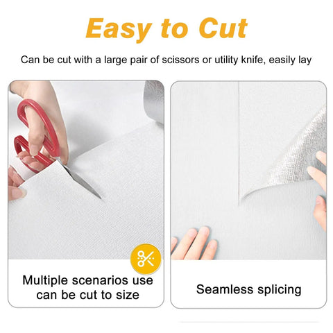 Cutting demonstration of Knockout Look Waterproof Peel And Stick Wallpaper Roll featuring scissors and seamless splicing technique.