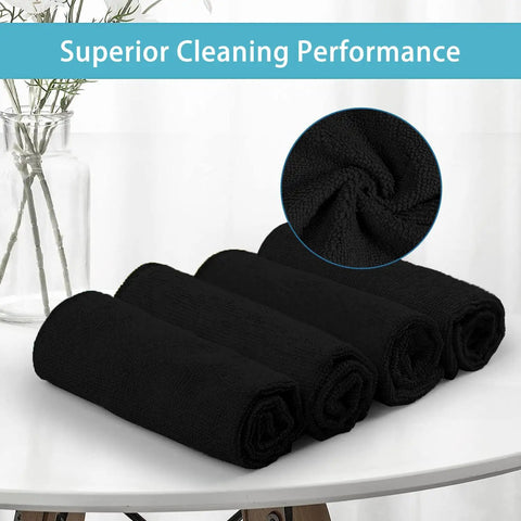 Premium Microfiber Cleaning Cloths 150 Pack 11.5 By 11.5 Inches Lint Free Streak Free Soft Rags rolled black towels on table.