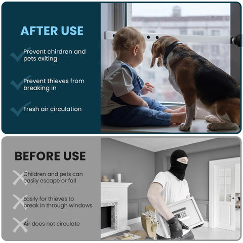 Child and dog sitting by a secure window with 4 Pack Window Security Bars, Adjustable From 11 To 18 Inches, anti-theft protection shown.