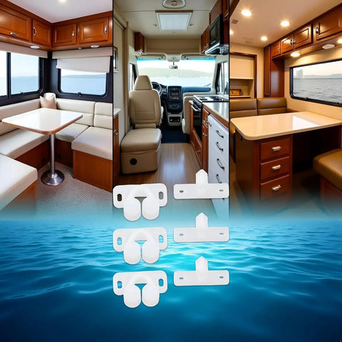 Three Pack White Marine Ball Catch Door Cabinet Latch Set With Spring Back Plates For Cupboards And Boat Hardware displayed in interior.