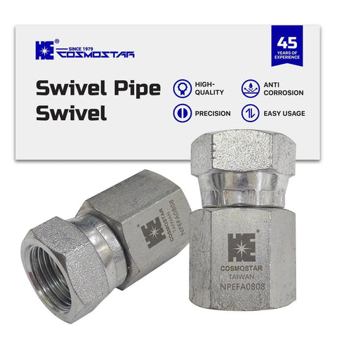 One Half Inch NPTF Female To One Half Inch NPSM Swivel Hydraulic Adapter With Carbon Steel Zinc Plated Construction Rust Resistant Ultra Durable And Precise Straight Swivel For Hydraulic Hoses And Valves, shown angled