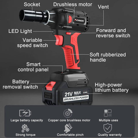 Beast 21V Cordless Impact Wrench With 400 Nm Max Torque And 3000 RPM showing parts and features including LED light and soft handle.
