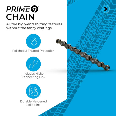 Prime 9 1x9 Multi Shift Mountain Bike Groupset Matte Black 9 Speed drivetrain chain with nickel connecting link illustration