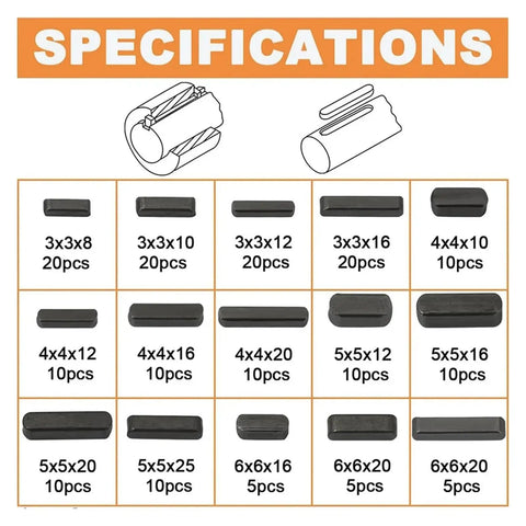Specifications of 175-Piece Stainless Steel Feather Key Set Kit For Gearheads, Round End Keys, 15 Sizes, Parallel Drive Shaft Keys