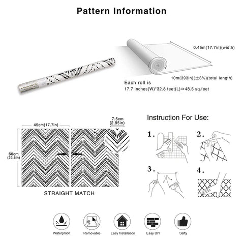 Peel And Stick Black And White Boho Geometric Textured Self Adhesive Wallpaper For Bathroom Decor Dope Look Easy To Install