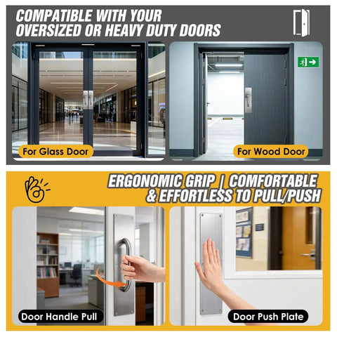Top Shelf 12 Inch Corrosion Resistant Stainless Steel Door Pull Handle And Push Plate Rounded Safety Edges For Home Entrance Or Business Lobby, shown on glass and wood doors.