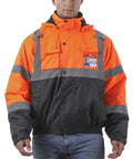 Front view of Hi Vis Reflective Bomber Jacket For Men Waterproof And Windproof Safety Coat With Zipper Detachable Hood Multiple Pockets Black Bottom Class 3 High Visibility Workwear For Construction And Outdoor Jobs.