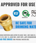 Three Quarter Inch Male Adapter MNPT Push To Connect Plumbing Fitting For PEX Copper CPVC PE RT Pipes With Disconnect Clip Pack Of 12 No Lead Brass Drinking Water Safe, shown with certifications and drinking water safety endorsement.