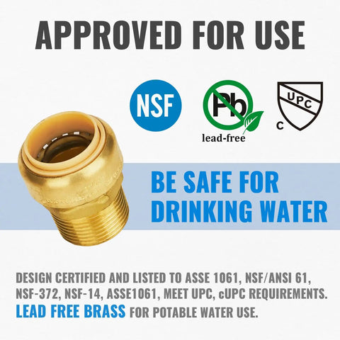 Three Quarter Inch Male Adapter MNPT Push To Connect Plumbing Fitting For PEX Copper CPVC PE RT Pipes With Disconnect Clip Pack Of 12 No Lead Brass Drinking Water Safe, shown with certifications and drinking water safety endorsement.
