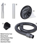 Accessories for 6 Gallon Ash Vacuum With 8 Amp Motor, Ultra Quiet Power showing tools like metal wand, filter, and aluminum hose.