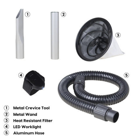 Accessories for 6 Gallon Ash Vacuum With 8 Amp Motor, Ultra Quiet Power showing tools like metal wand, filter, and aluminum hose.