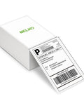Genuine 4x6 Direct Thermal Shipping Labels For Nelko PL70E Printer, perforated, stacked next to an applied label with strong adhesive.