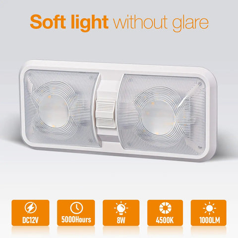 12 Volt RV Interior LED Lights 1000LM 8W Dome Ceiling Fixtures, 4500K natural white lighting detail, switch view