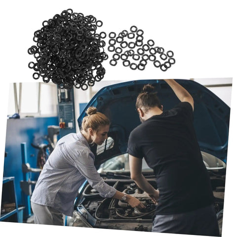 500 Pcs Wave Washer Assortment Kit for Home Auto and Shop, Heavy Duty Spring Washers That Evenly Distribute Load Across Bolts and Nuts, Durable Steel Gaskets, The Handy Workhorse for Mechanical Fixes, black steel wave washers spread on white