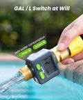 Brass Inlet And Outlet Water Flow Meter With 180 Degree Screen Flip measuring water flow from hose, showing gallons and liters.